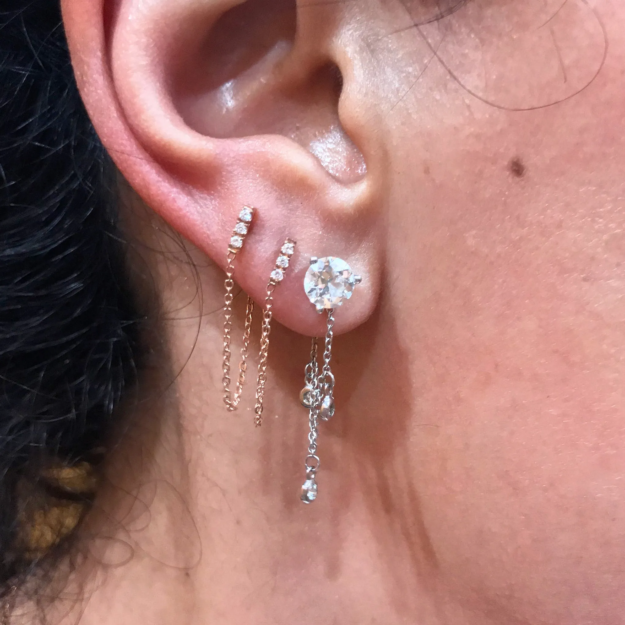 14K Gold Triple Diamond Dangle Chain Earring Jacket