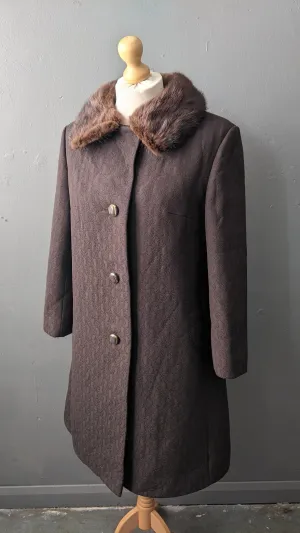 60s Jacquard Coat with Mink Fur Collar, Heavy Winter Overcoat, Plus Size