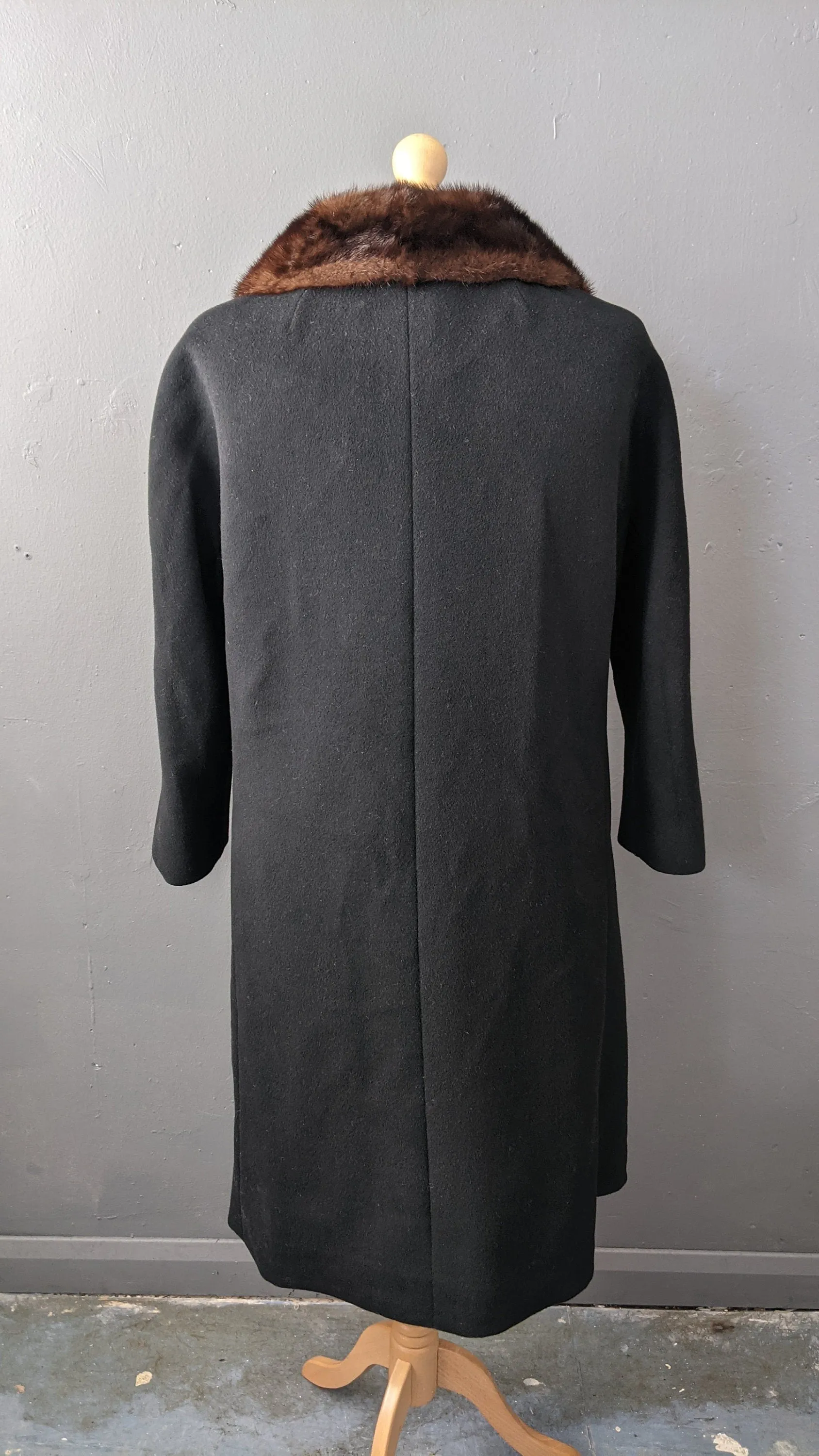 70s Thick Wool Coat with Mink Fur Collar, Tailored Winter Overcoat, Plus Size