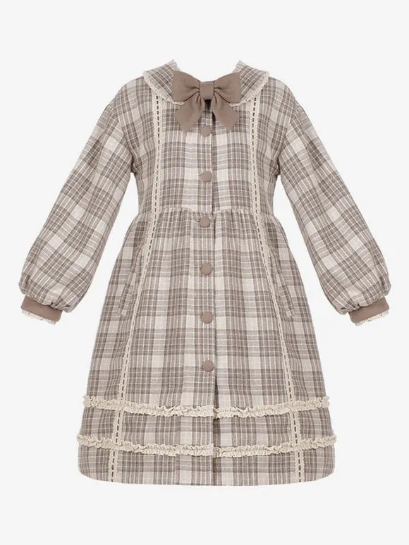 Academic Lolita Coats Coffee Brown Coat Plaid Overcoat Polyester Fall Lolita Outwears