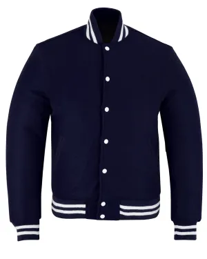 All Wool Vintage Style Varsity Letterman Baseball Jacket Navy Blue With White Trim