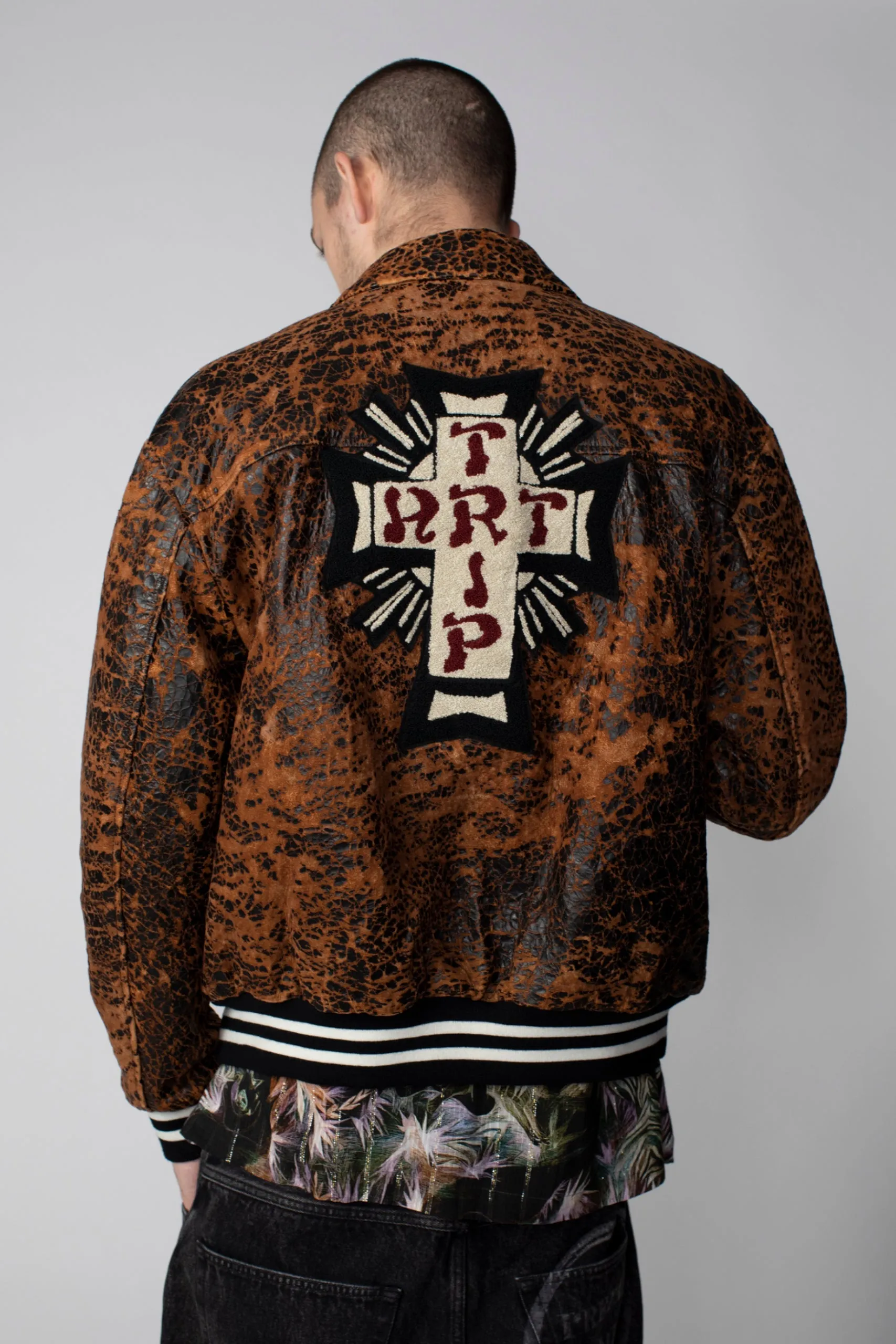 Aries Distressed Letterman Jacket Brown