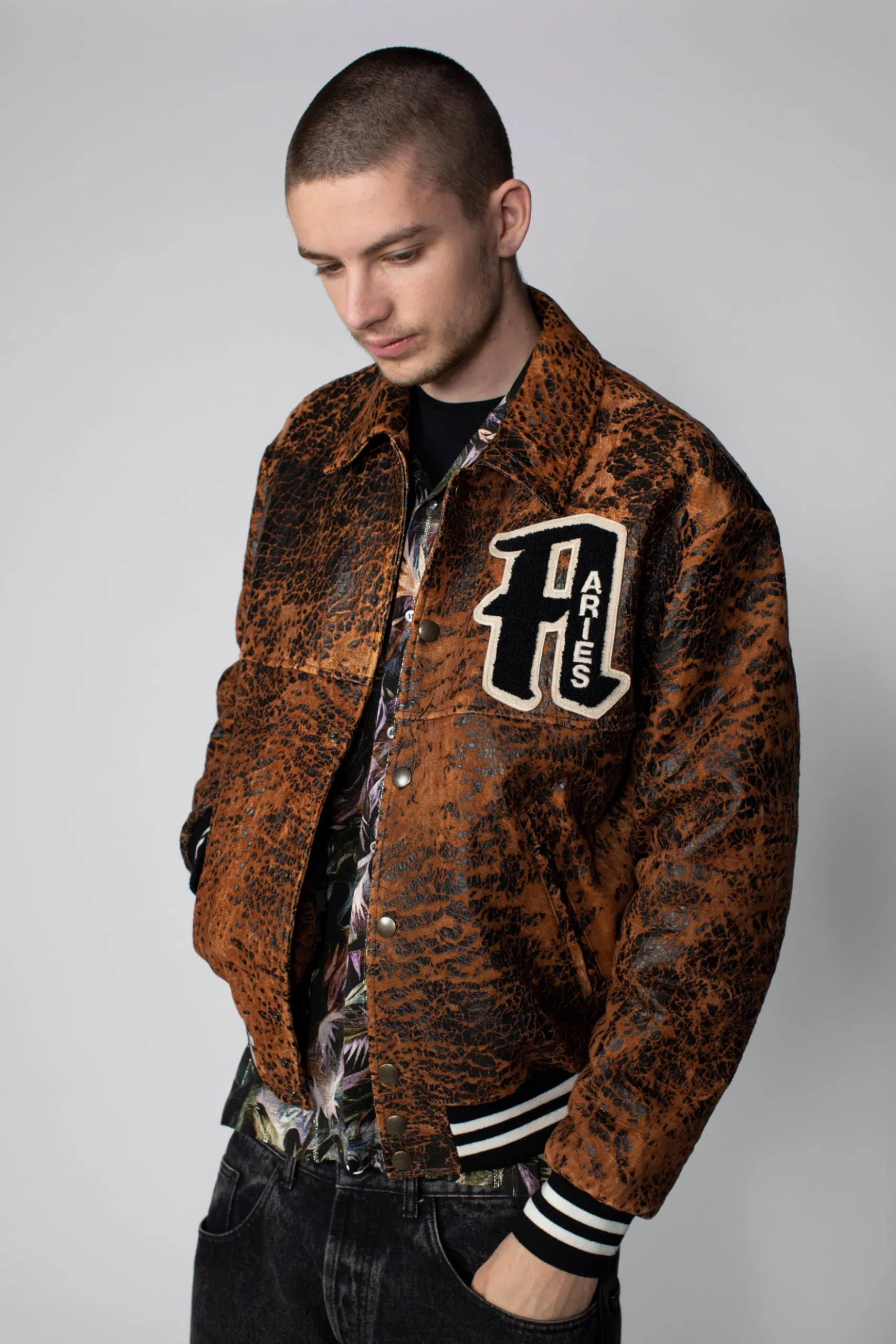 Aries Distressed Letterman Jacket Brown