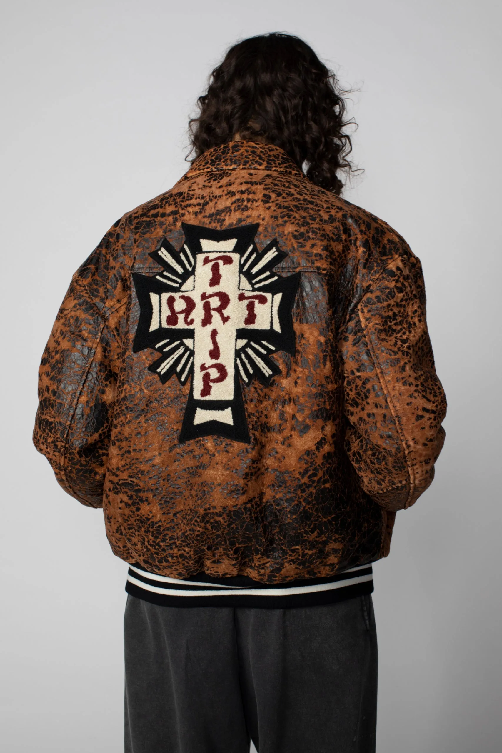 Aries Distressed Letterman Jacket Brown