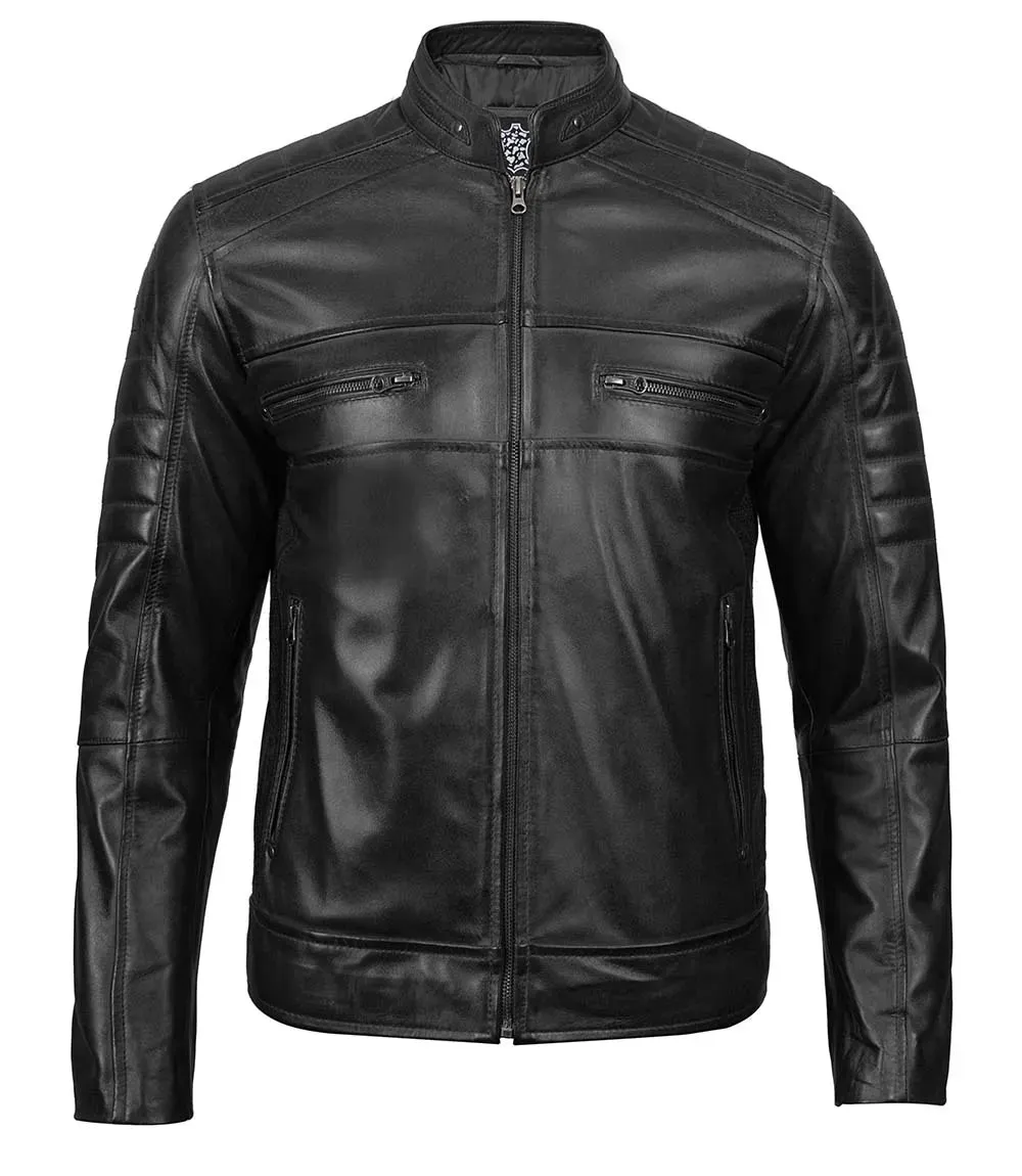 Austin Mens Black Cafe Racer Leather Jacket