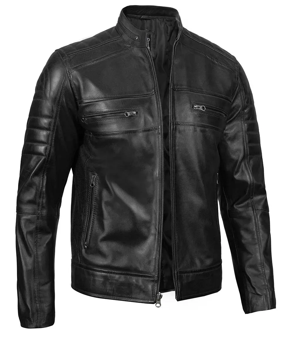 Austin Mens Black Cafe Racer Leather Jacket