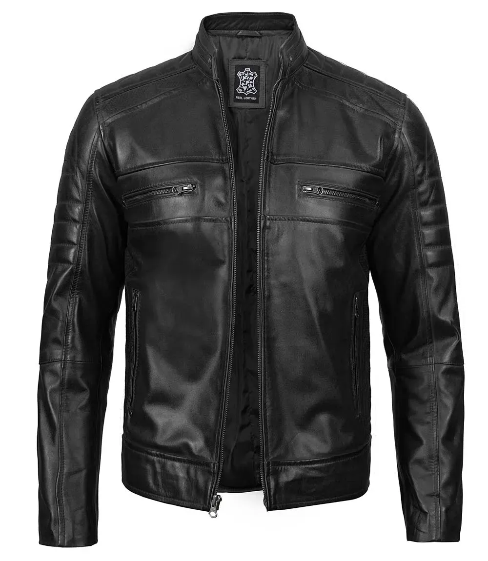 Austin Mens Black Cafe Racer Leather Jacket