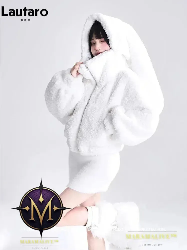 Autumn Winter Sweet Cute Lovely Warm Soft White Short Faux Fur Coat Women  with Bunny Ears Fluffy Jacket Hoodie 2023