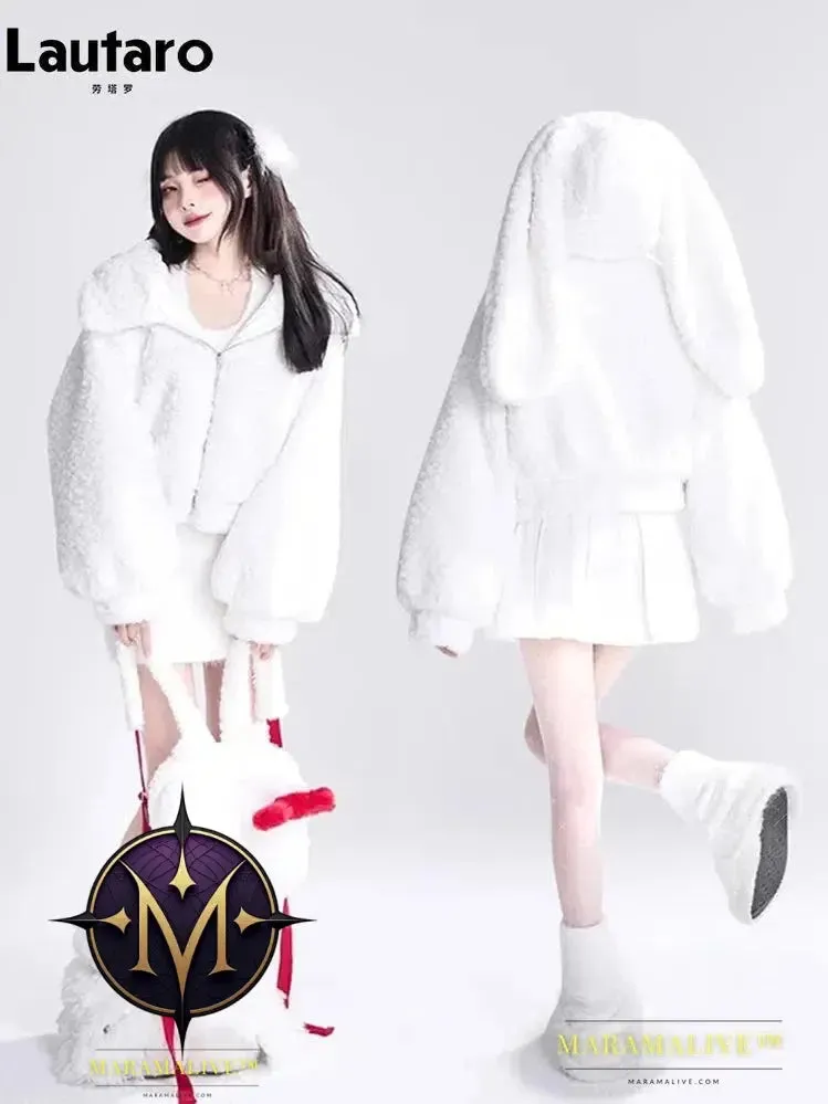 Autumn Winter Sweet Cute Lovely Warm Soft White Short Faux Fur Coat Women  with Bunny Ears Fluffy Jacket Hoodie 2023