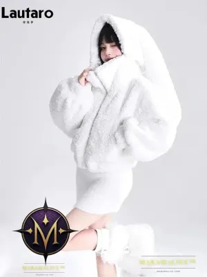 Autumn Winter Sweet Cute Lovely Warm Soft White Short Faux Fur Coat Women  with Bunny Ears Fluffy Jacket Hoodie 2023