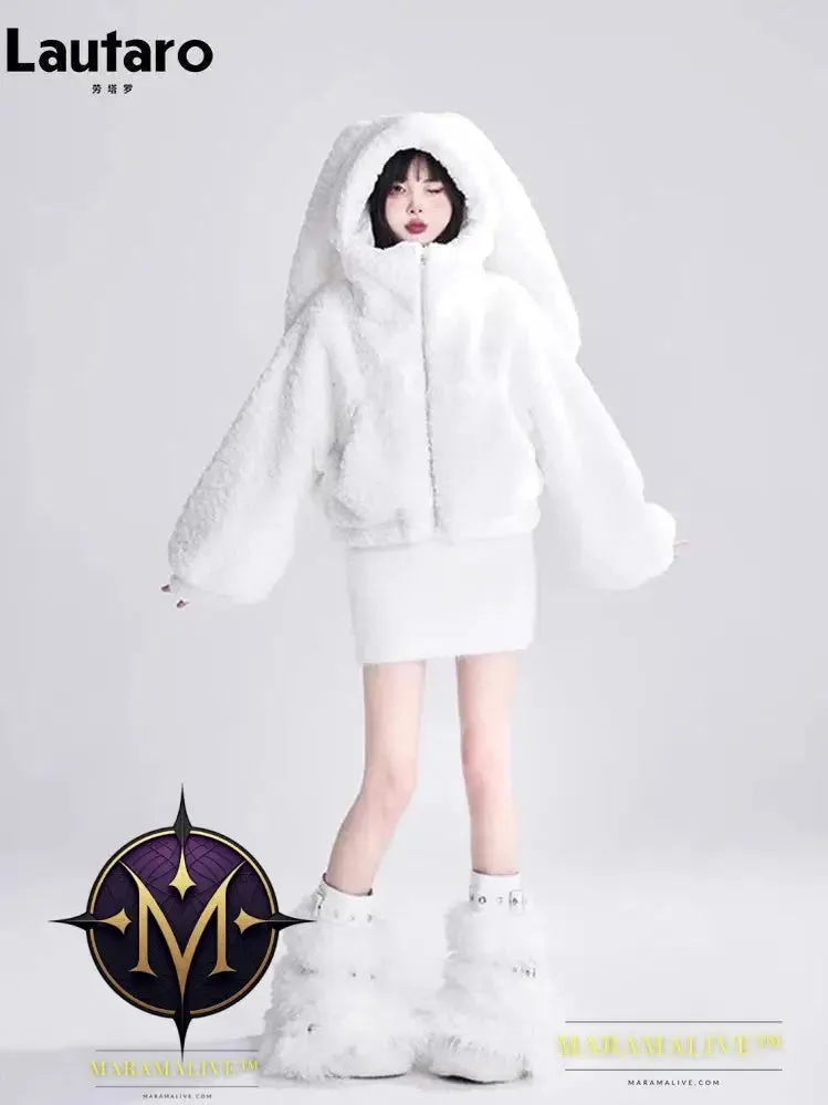 Autumn Winter Sweet Cute Lovely Warm Soft White Short Faux Fur Coat Women  with Bunny Ears Fluffy Jacket Hoodie 2023
