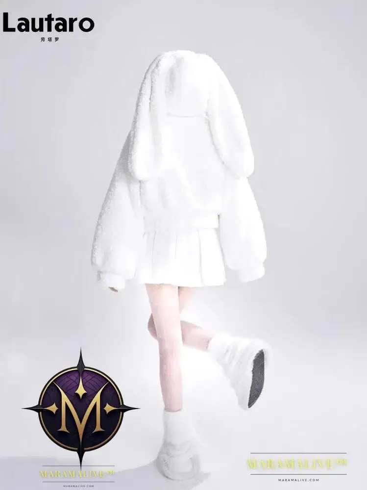 Autumn Winter Sweet Cute Lovely Warm Soft White Short Faux Fur Coat Women  with Bunny Ears Fluffy Jacket Hoodie 2023