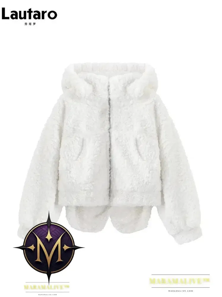 Autumn Winter Sweet Cute Lovely Warm Soft White Short Faux Fur Coat Women  with Bunny Ears Fluffy Jacket Hoodie 2023