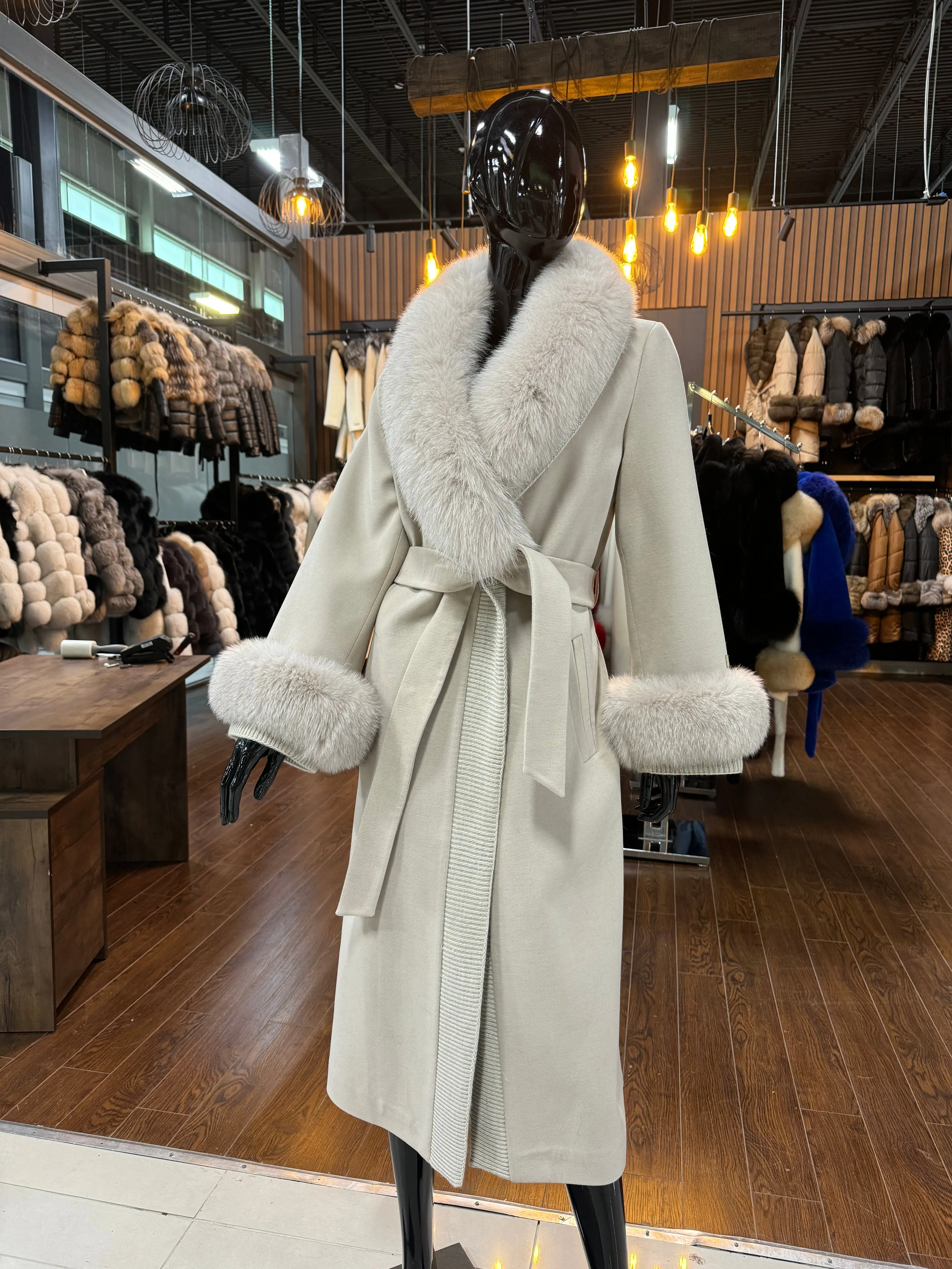 Beige Cashmere and Real Fox Fur Coat