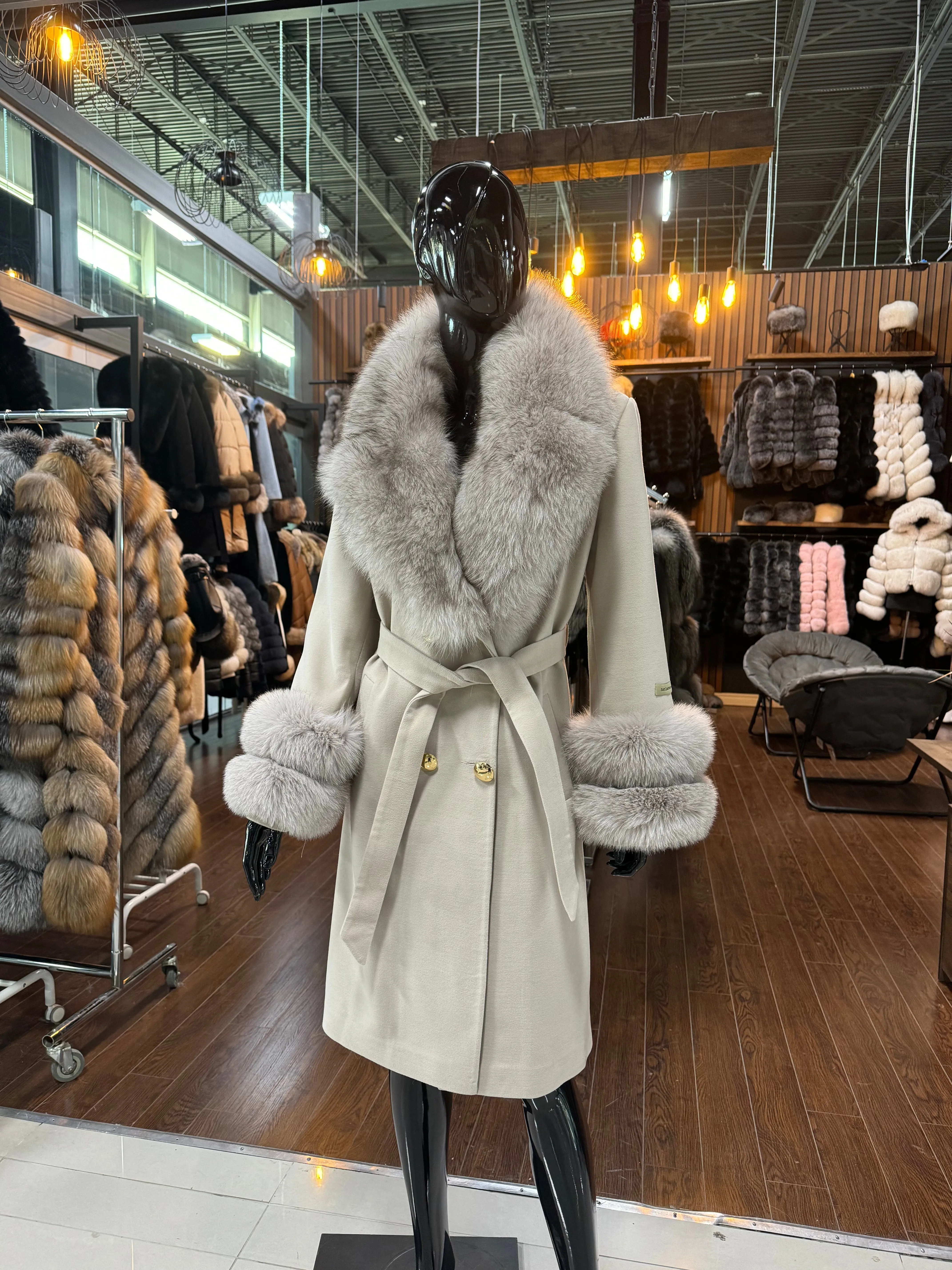Beige Cashmere and Real Fox Fur Coat