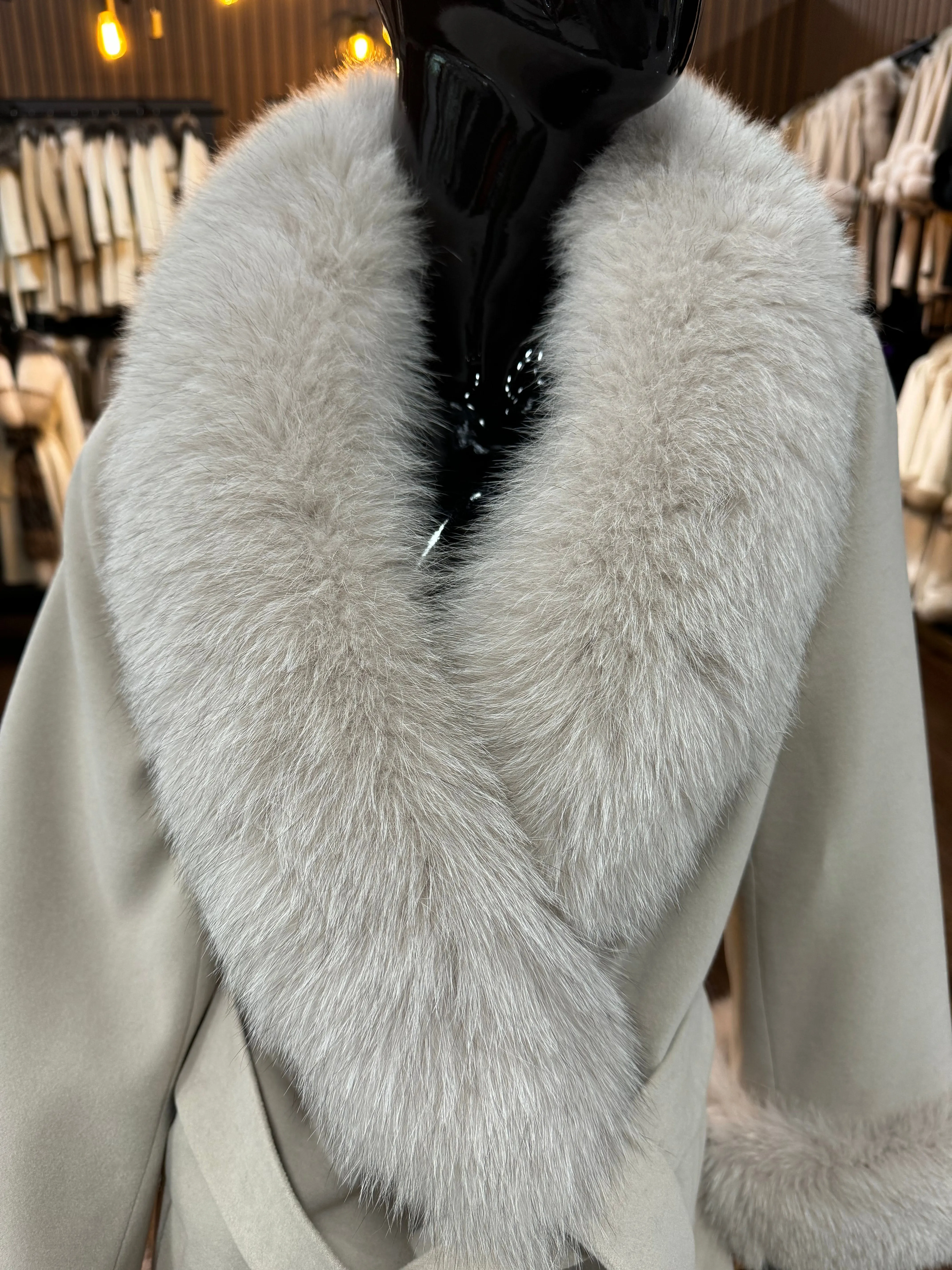 Beige Cashmere and Real Fox Fur Coat