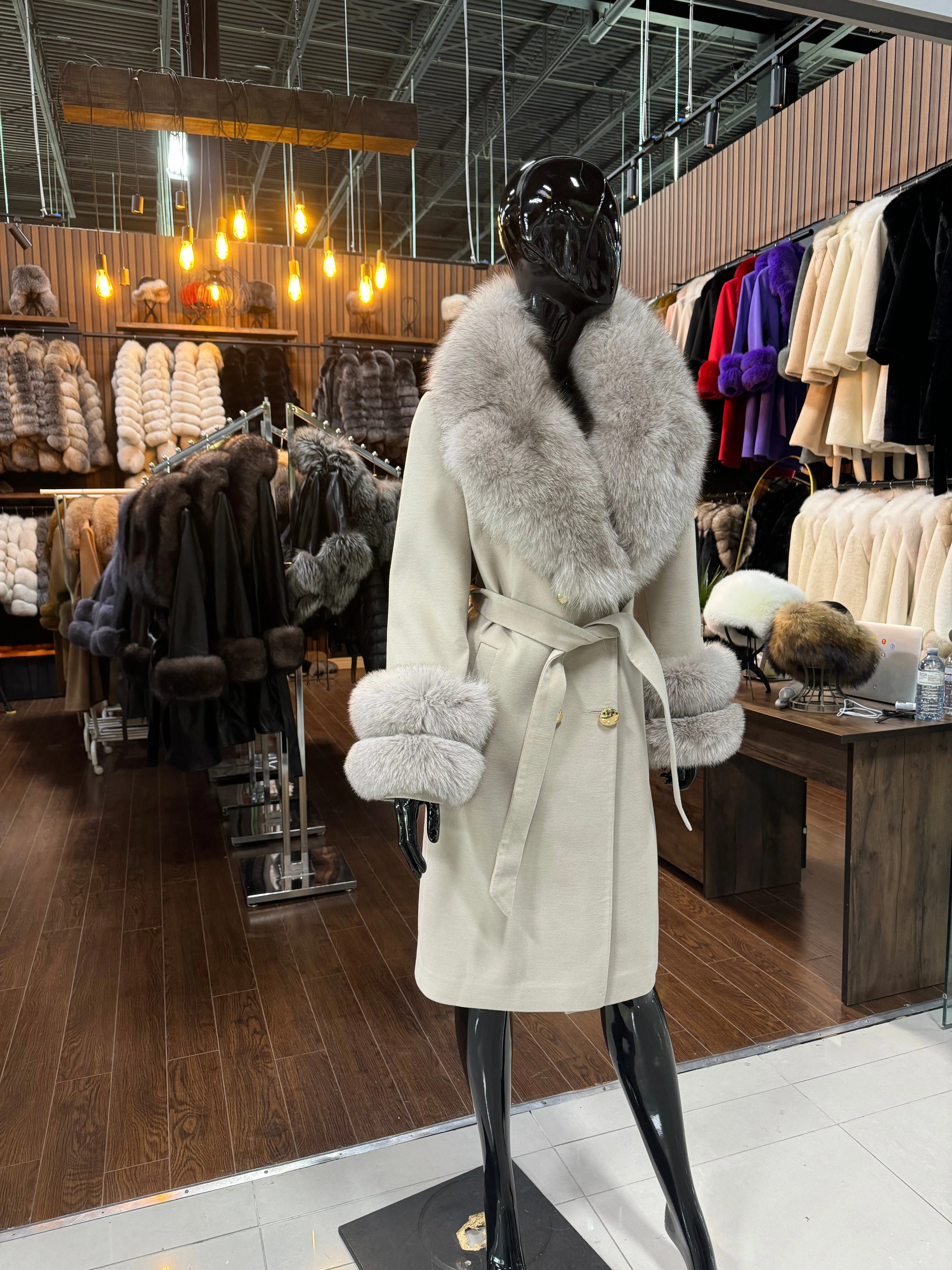 Beige Cashmere and Real Fox Fur Coat