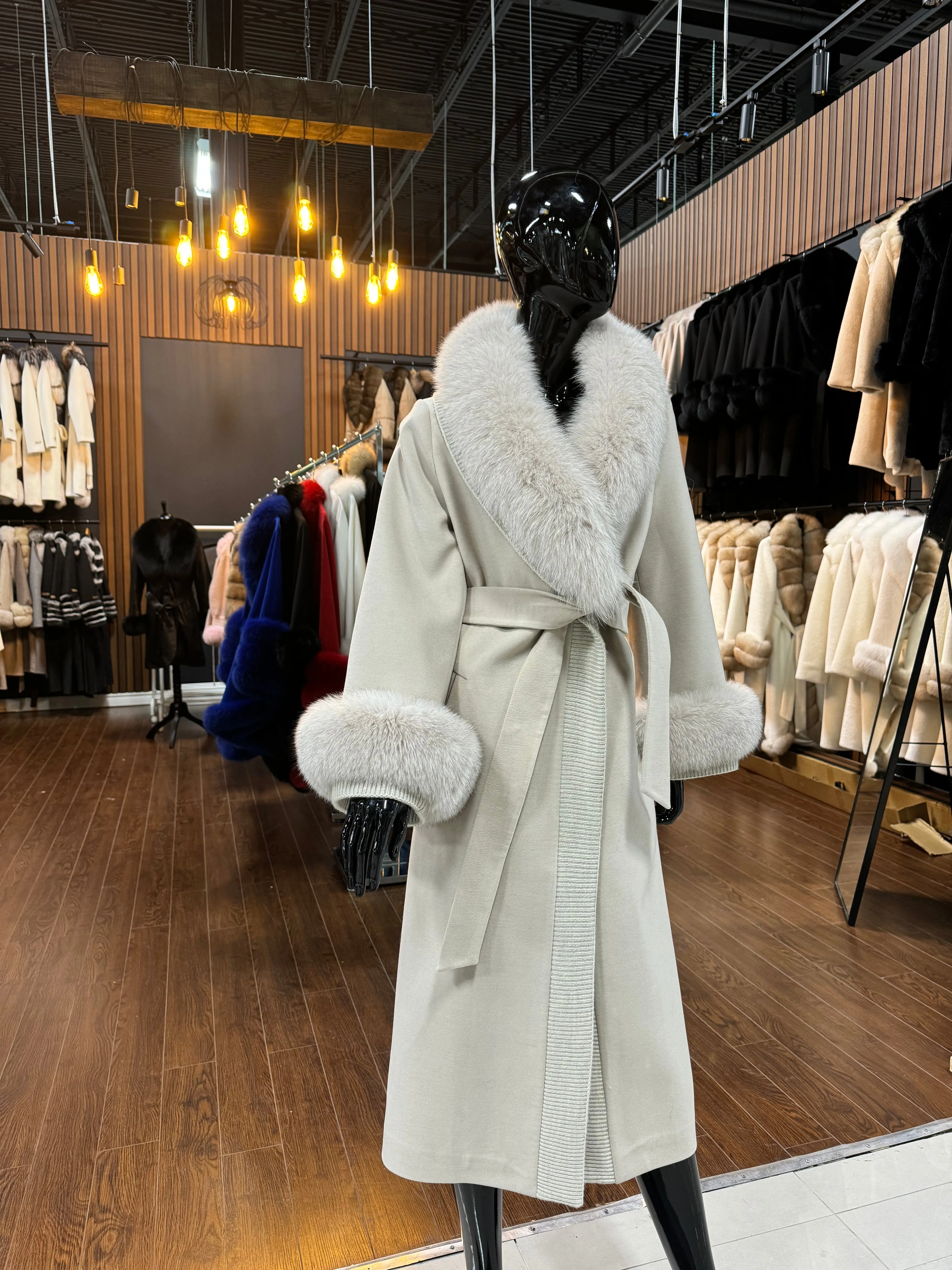 Beige Cashmere and Real Fox Fur Coat
