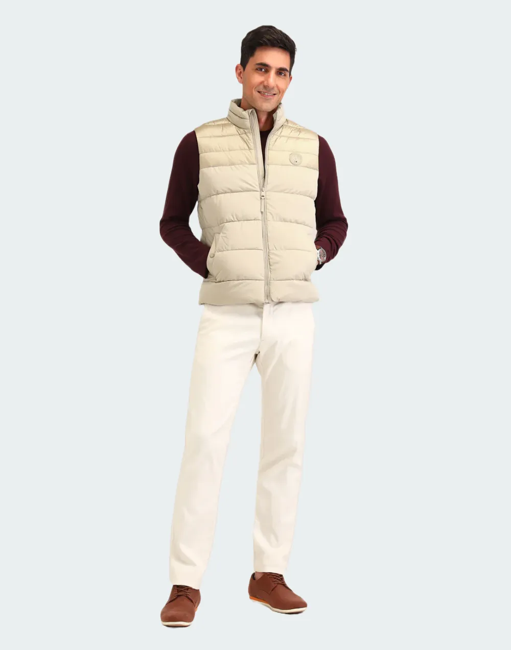 Beige Colour blocked Regular Fit Jacket