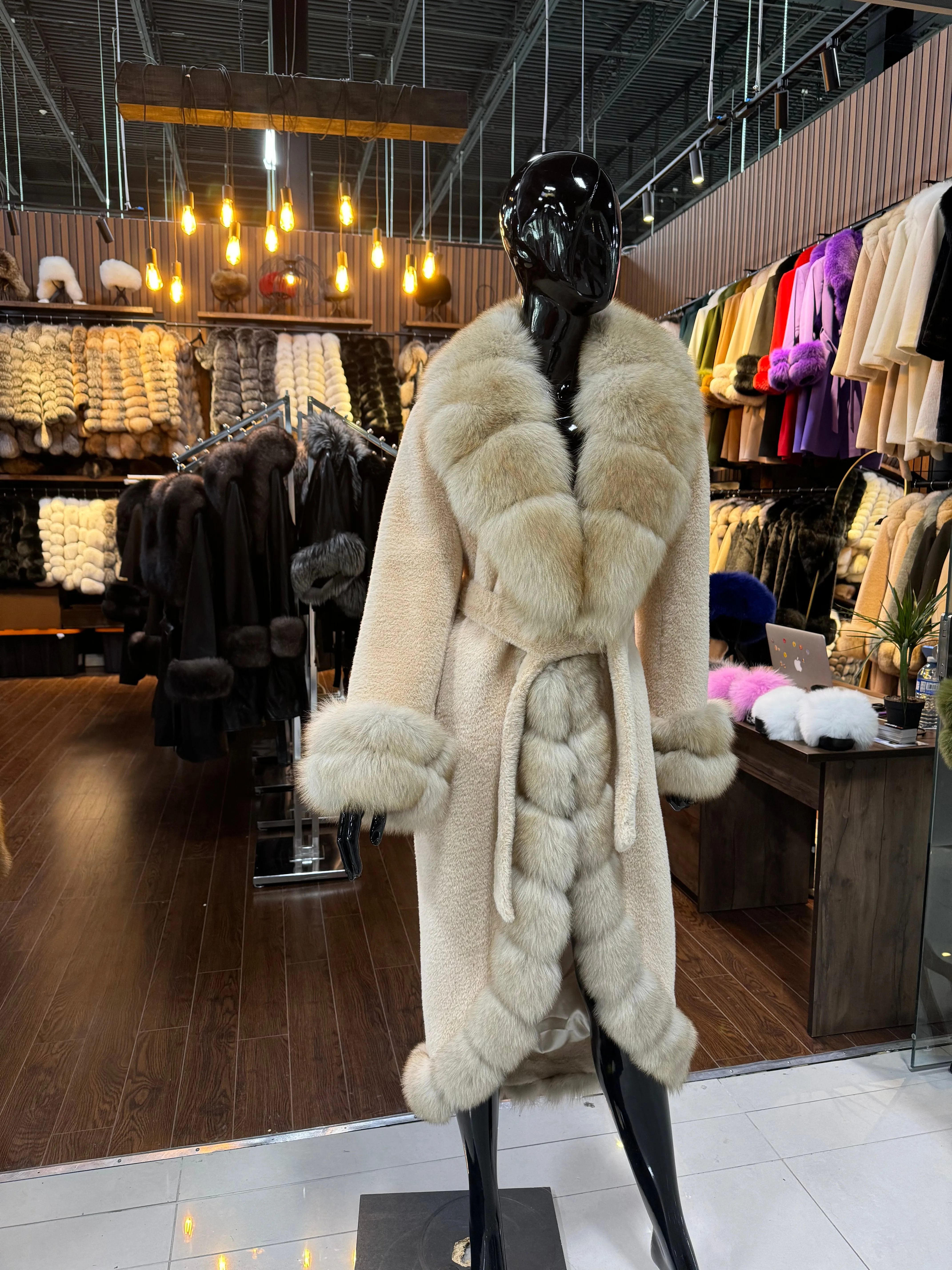Beige Fox Fur and Alcantara Fabric Coat