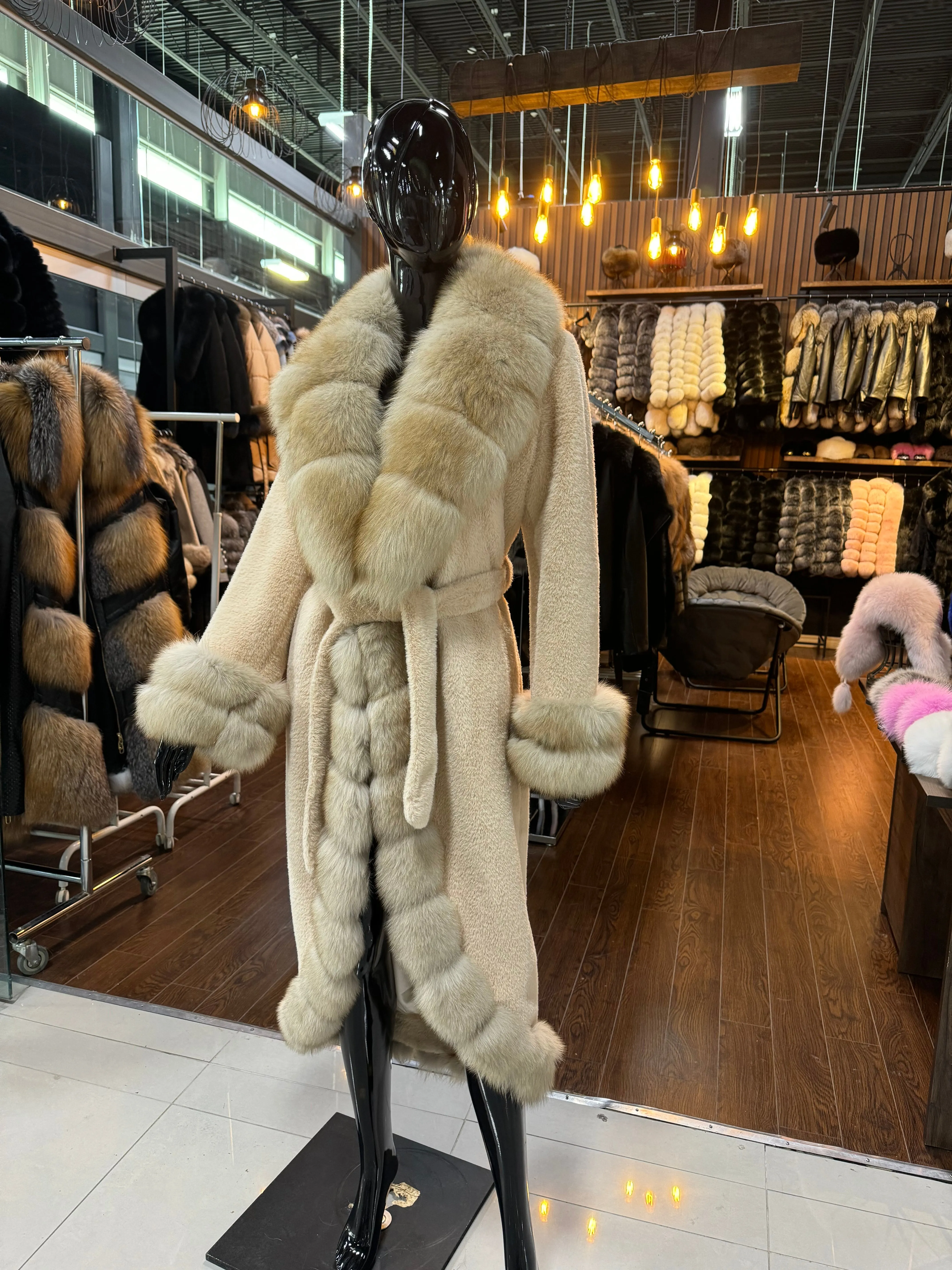 Beige Fox Fur and Alcantara Fabric Coat
