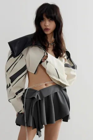 Beige Zipper Pockets Leather Short Shaped Jacket