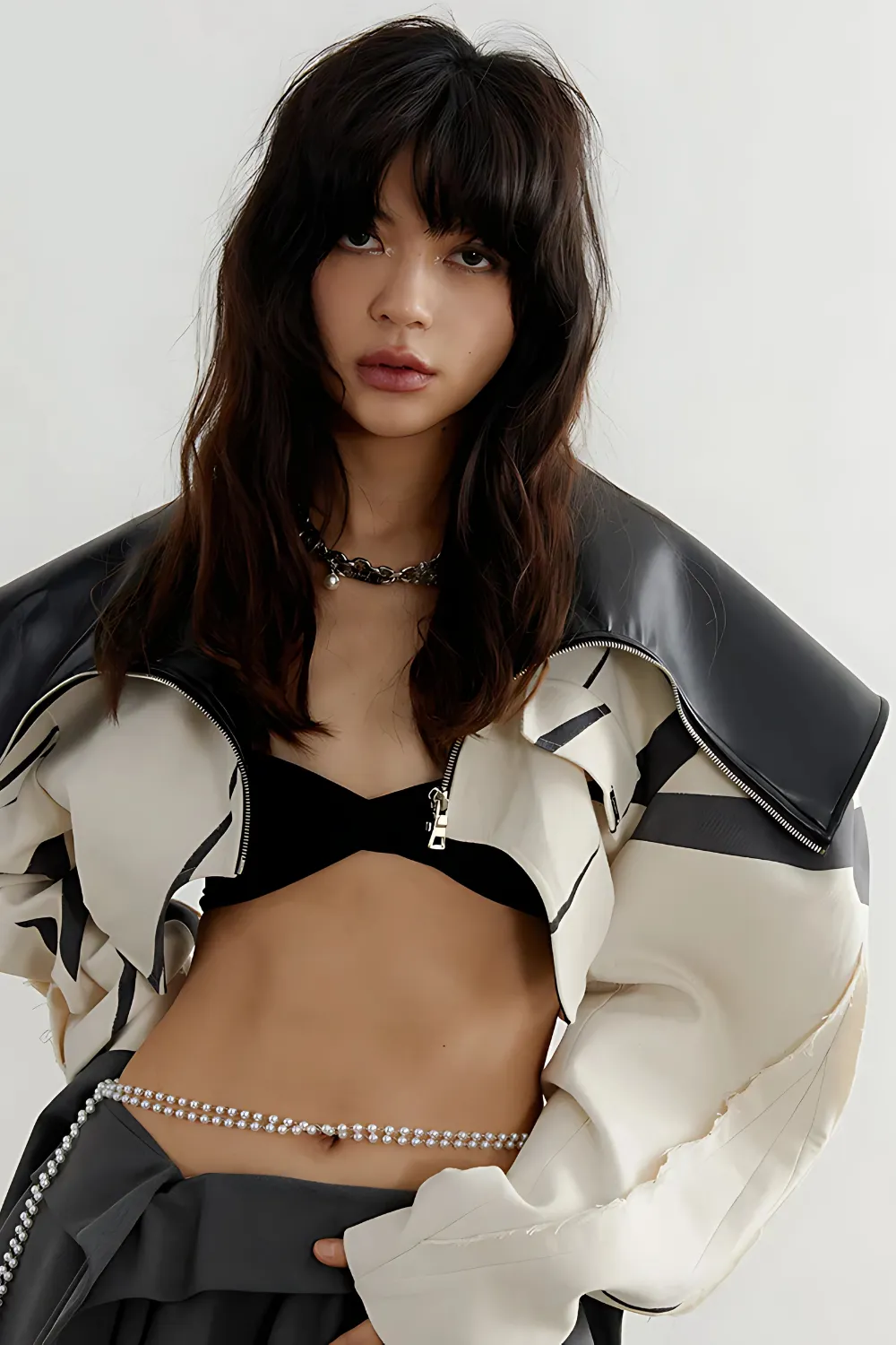 Beige Zipper Pockets Leather Short Shaped Jacket