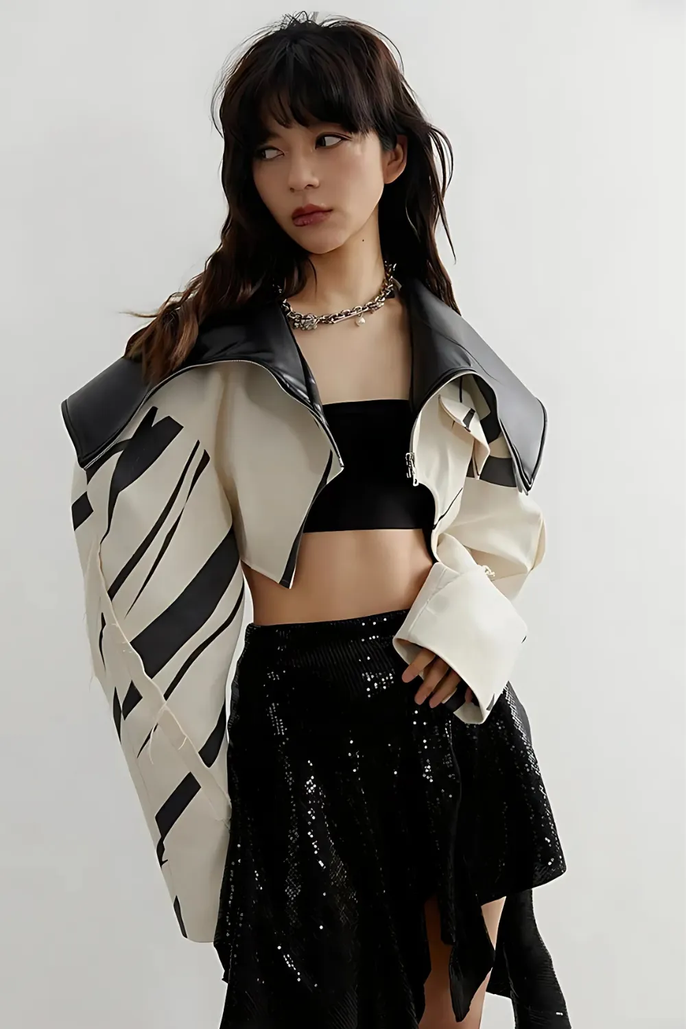Beige Zipper Pockets Leather Short Shaped Jacket