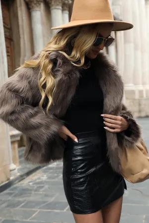 BerryBetty - Khaki Lapel Neck Faux Fur Cropped Women Coat