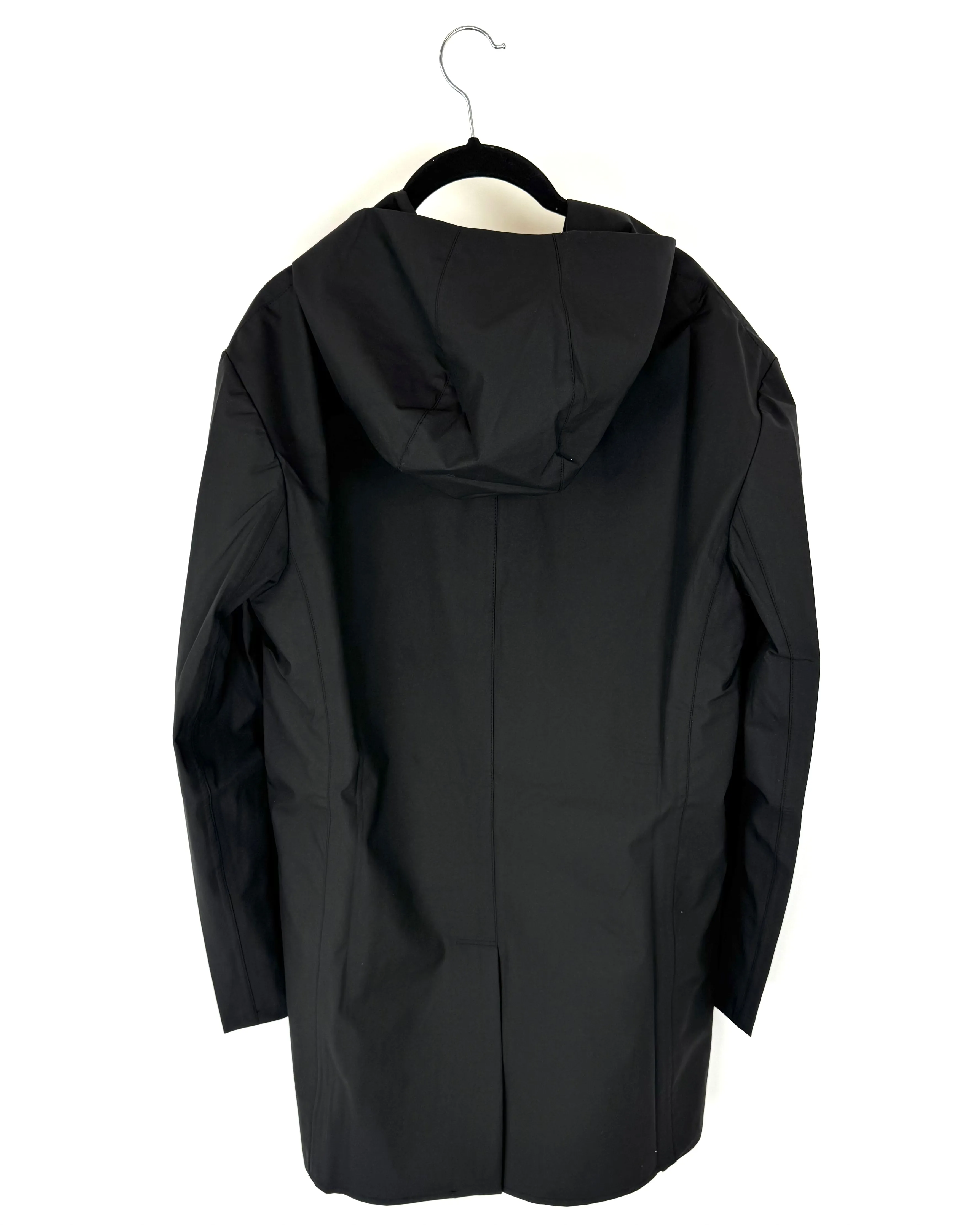 Black Button Down Raincoat With Hood - Size 6-10