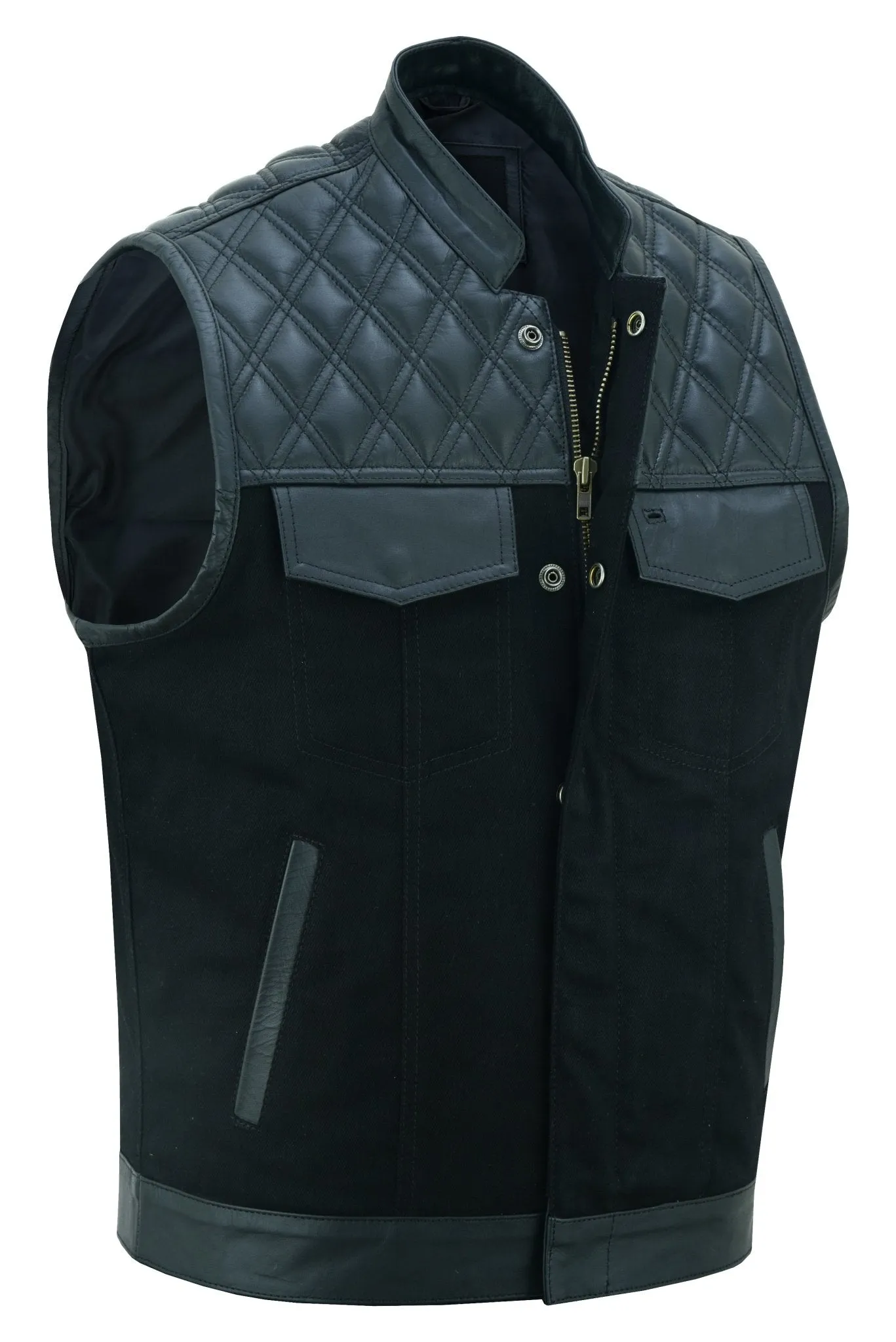 Black Leather and Denim Combo Biker Diamond Gilet Vest
