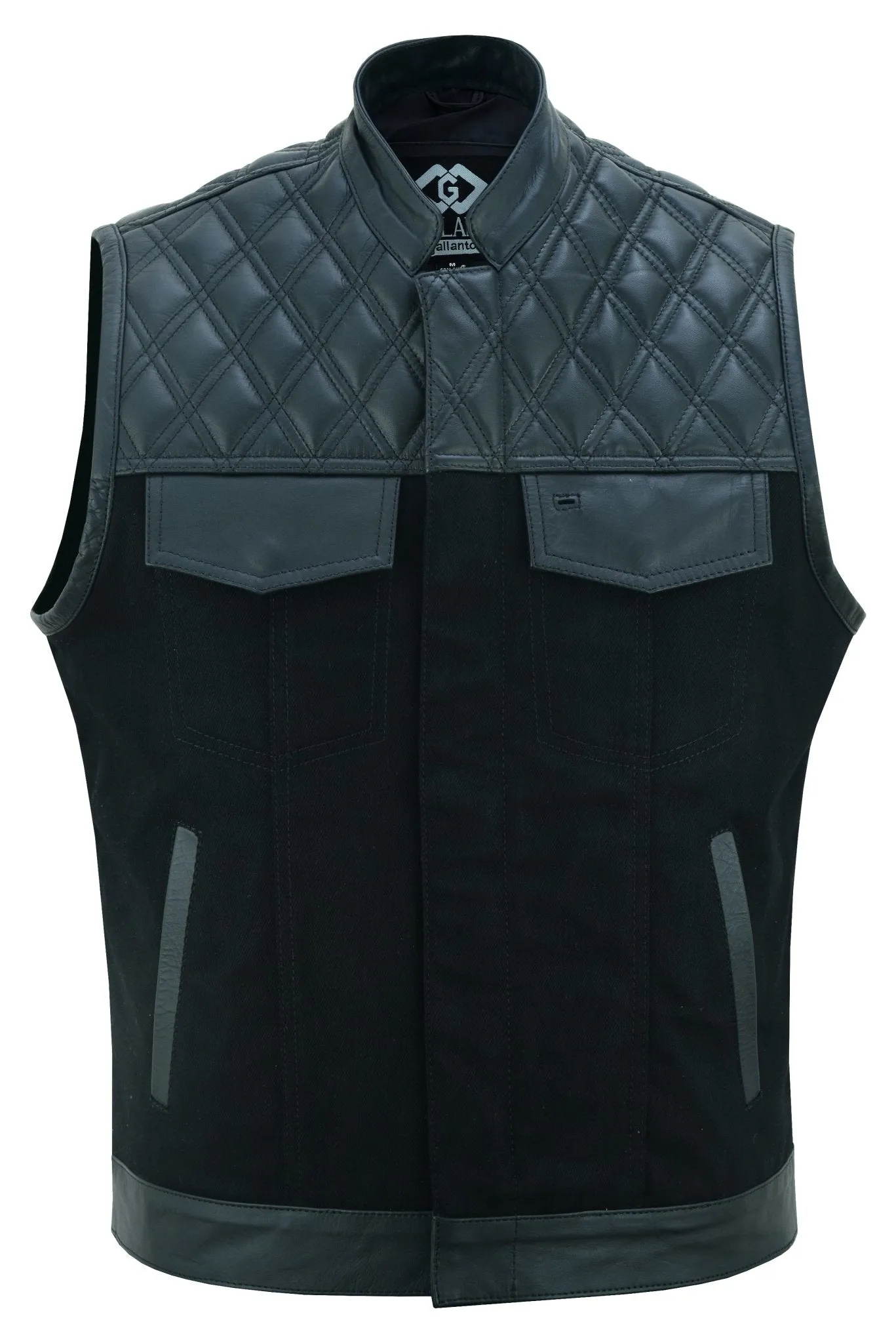 Black Leather and Denim Combo Biker Diamond Gilet Vest