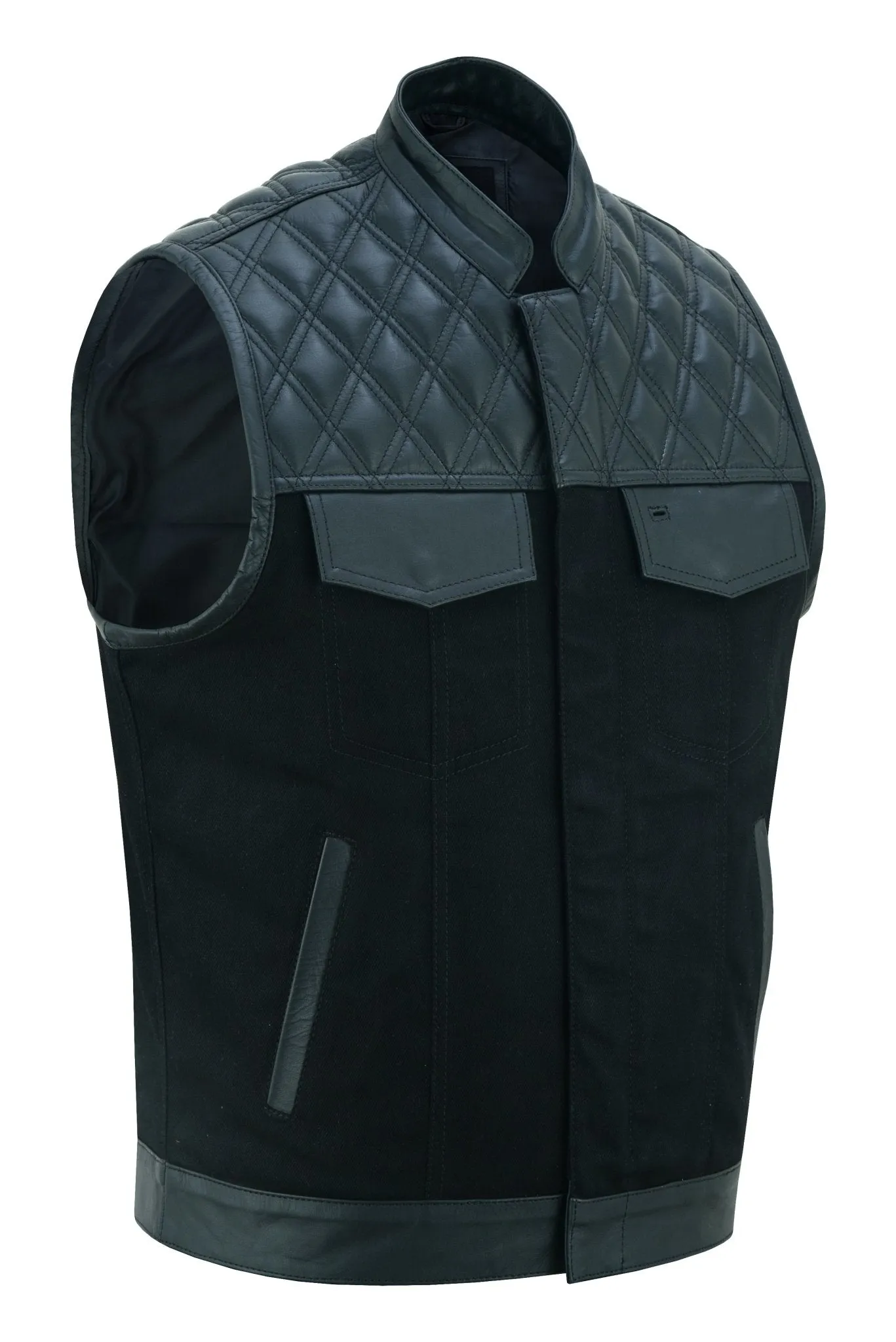 Black Leather and Denim Combo Biker Diamond Gilet Vest