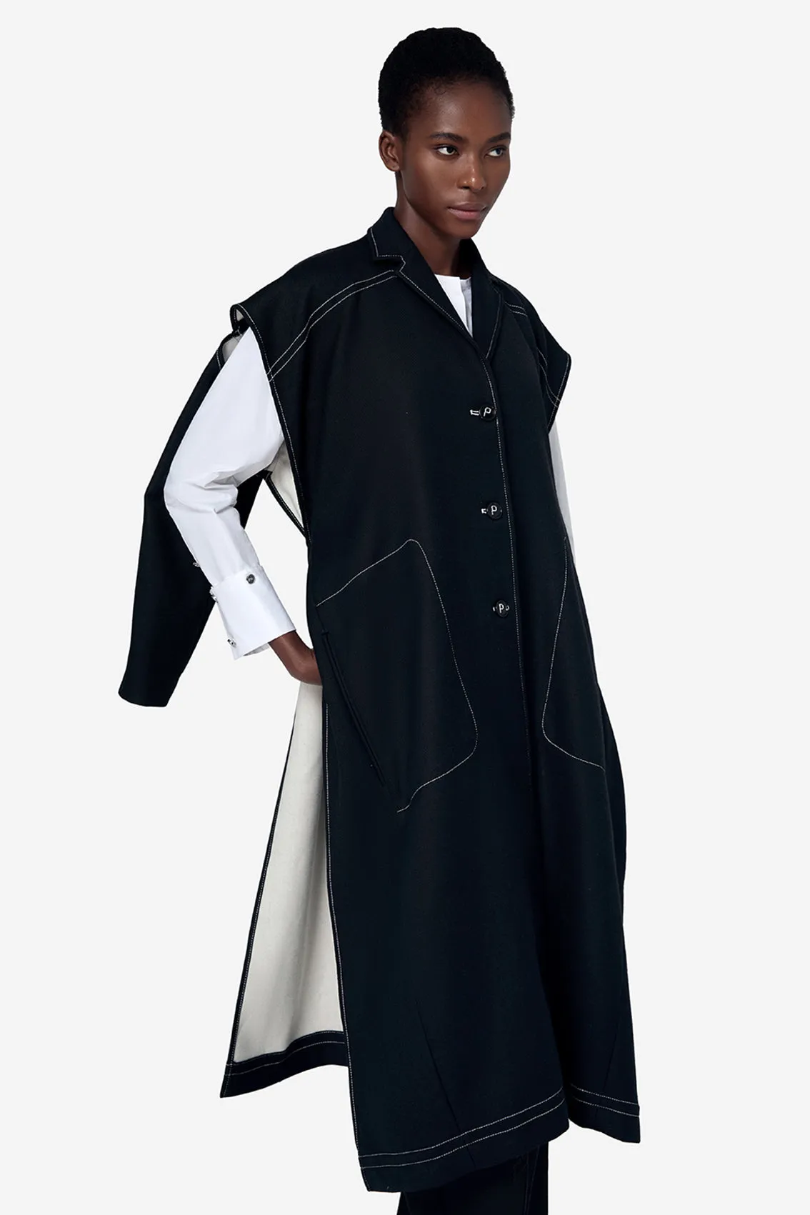 BLACK POLYESTER WOOL CUT OUT JACKET