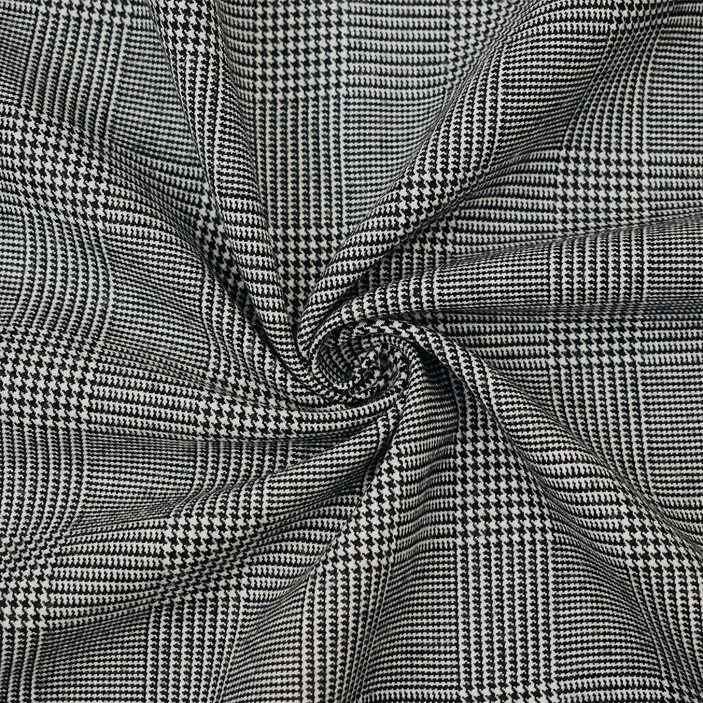 Black-White Wool-Polyester Glen Plaid Woven Suiting Fabric
