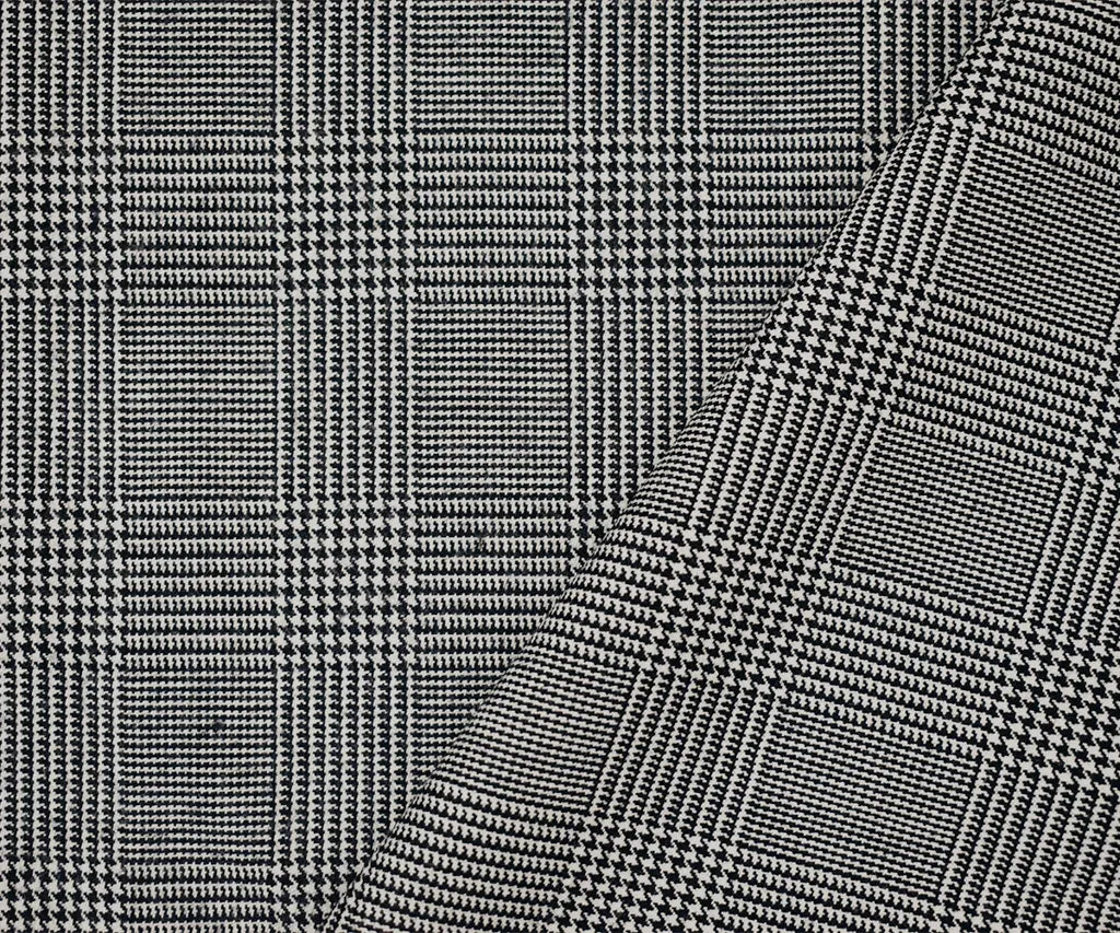 Black-White Wool-Polyester Glen Plaid Woven Suiting Fabric