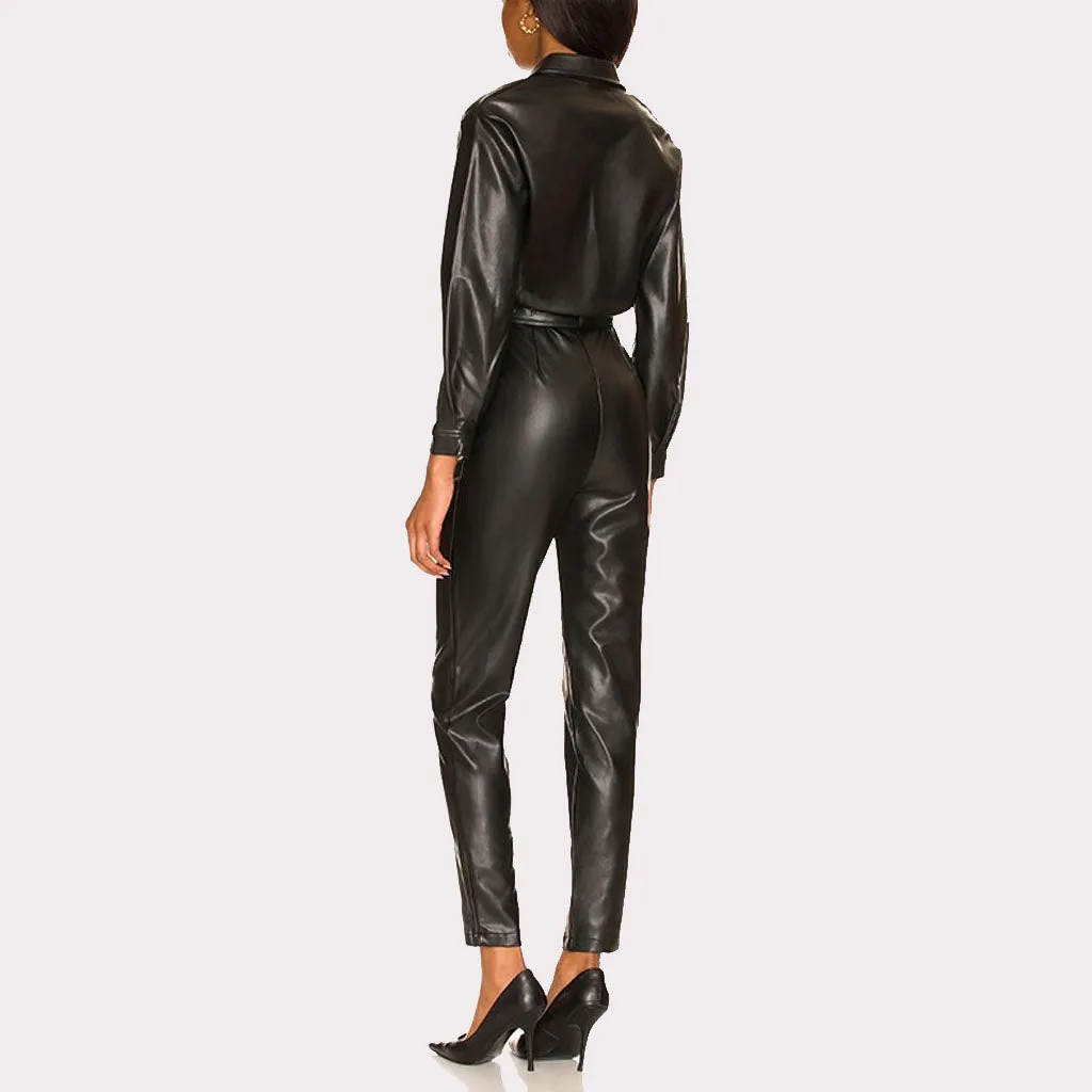 Black Women's Leather Jumpsuit - Effortless Elegance