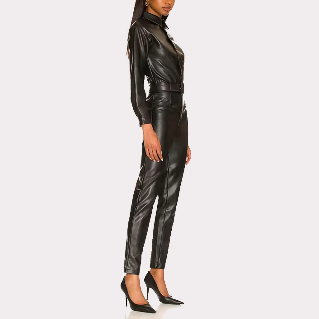 Black Women's Leather Jumpsuit - Effortless Elegance