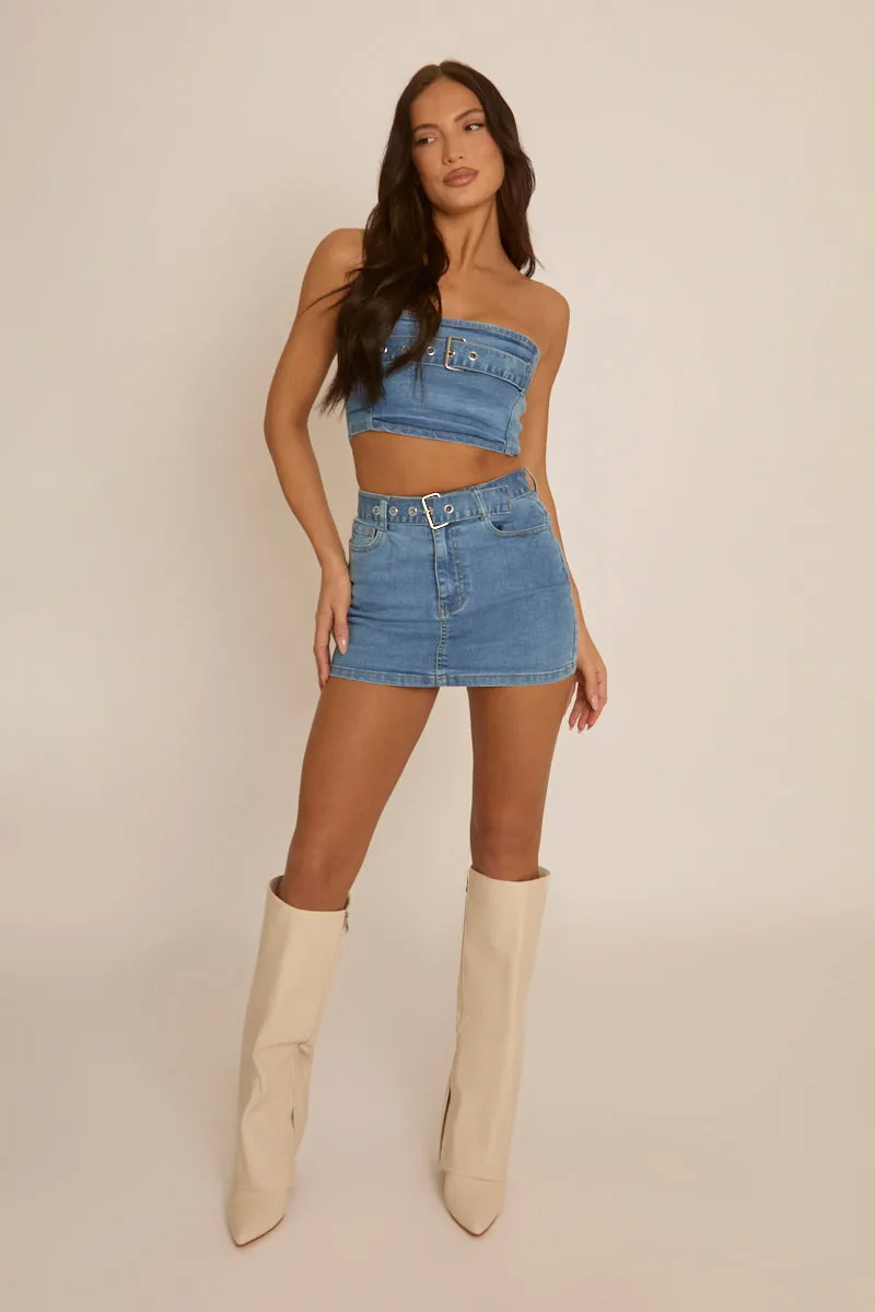 Blue Denim Bandeau Crop Top and Mini Skirt Co-Ord - Elianna