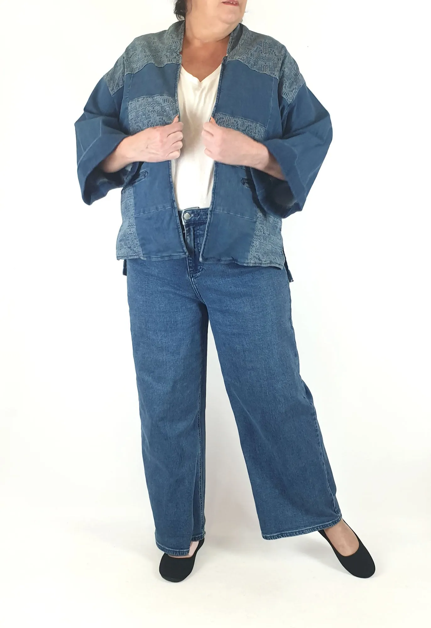 Blue Illusion patchwork style denim jacket size 16