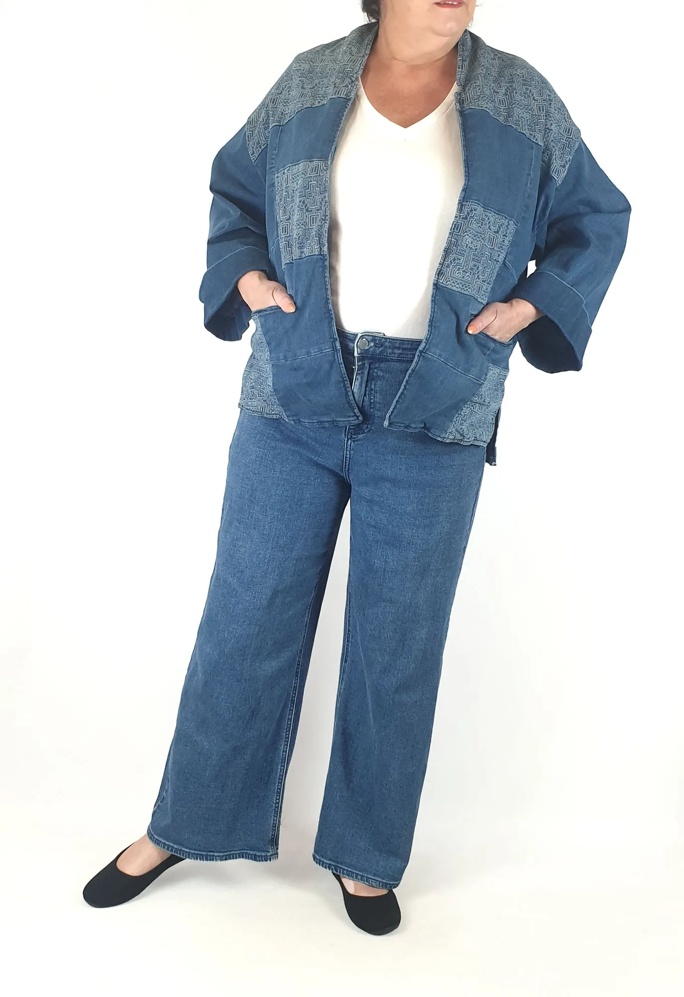 Blue Illusion patchwork style denim jacket size 16