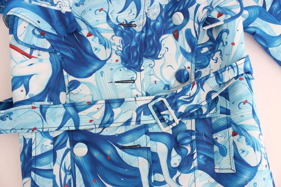 Blue Tempestuous Fresco-Print Trench Coat Jacket