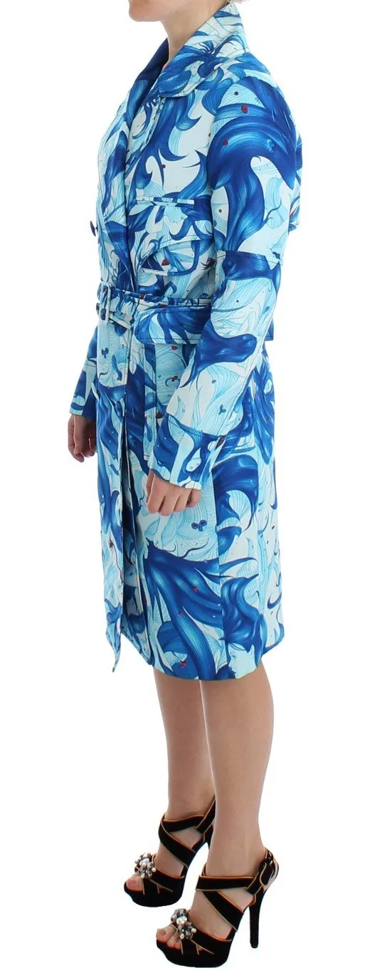Blue Tempestuous Fresco-Print Trench Coat Jacket