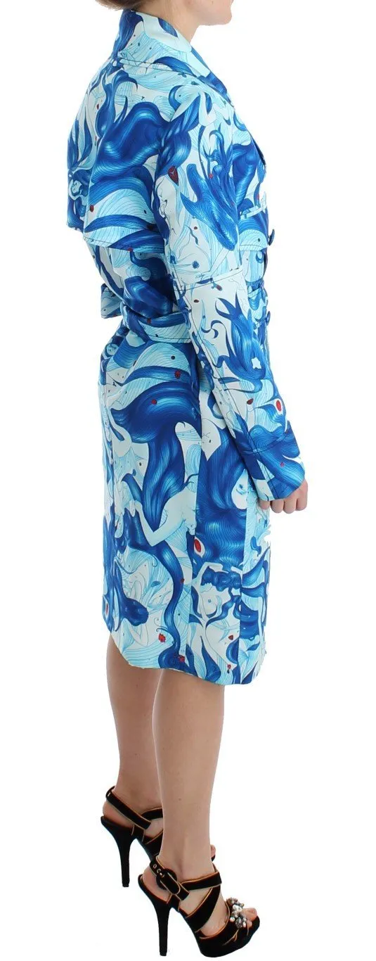 Blue Tempestuous Fresco-Print Trench Coat Jacket