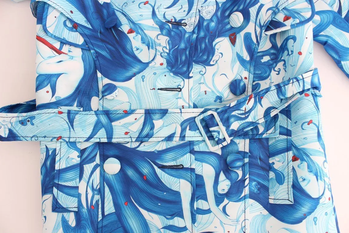Blue Tempestuous Fresco-Print Trench Coat Jacket