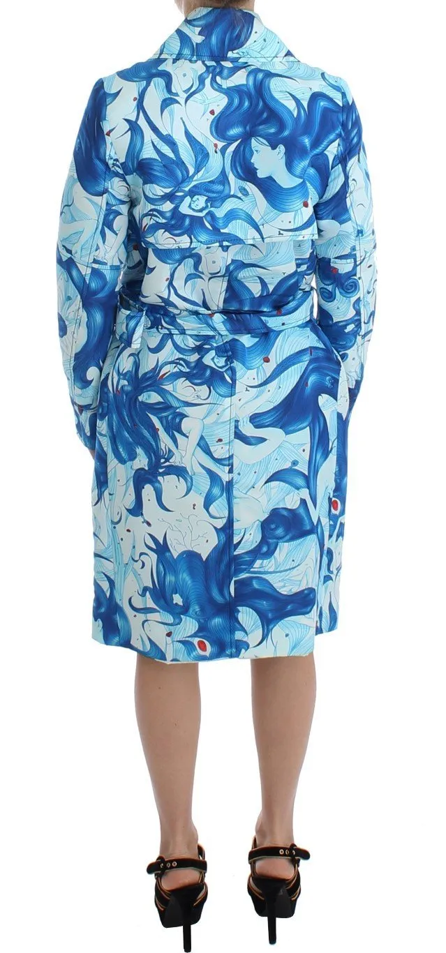 Blue Tempestuous Fresco-Print Trench Coat Jacket