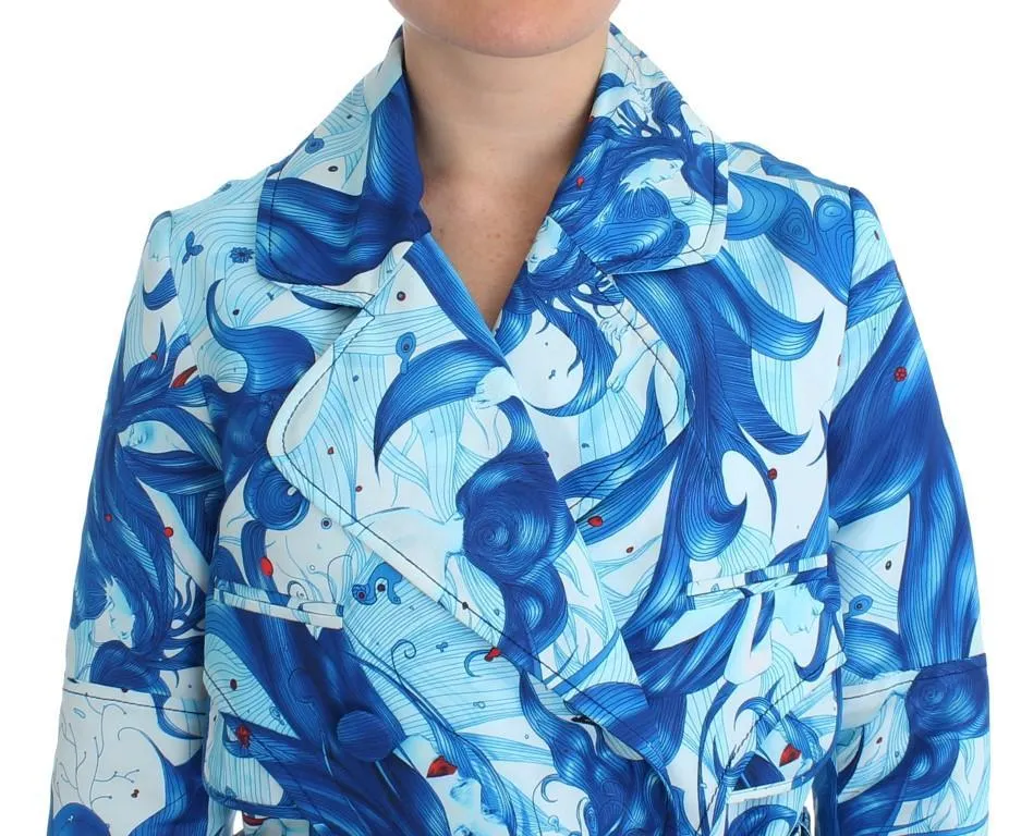Blue Tempestuous Fresco-Print Trench Coat Jacket