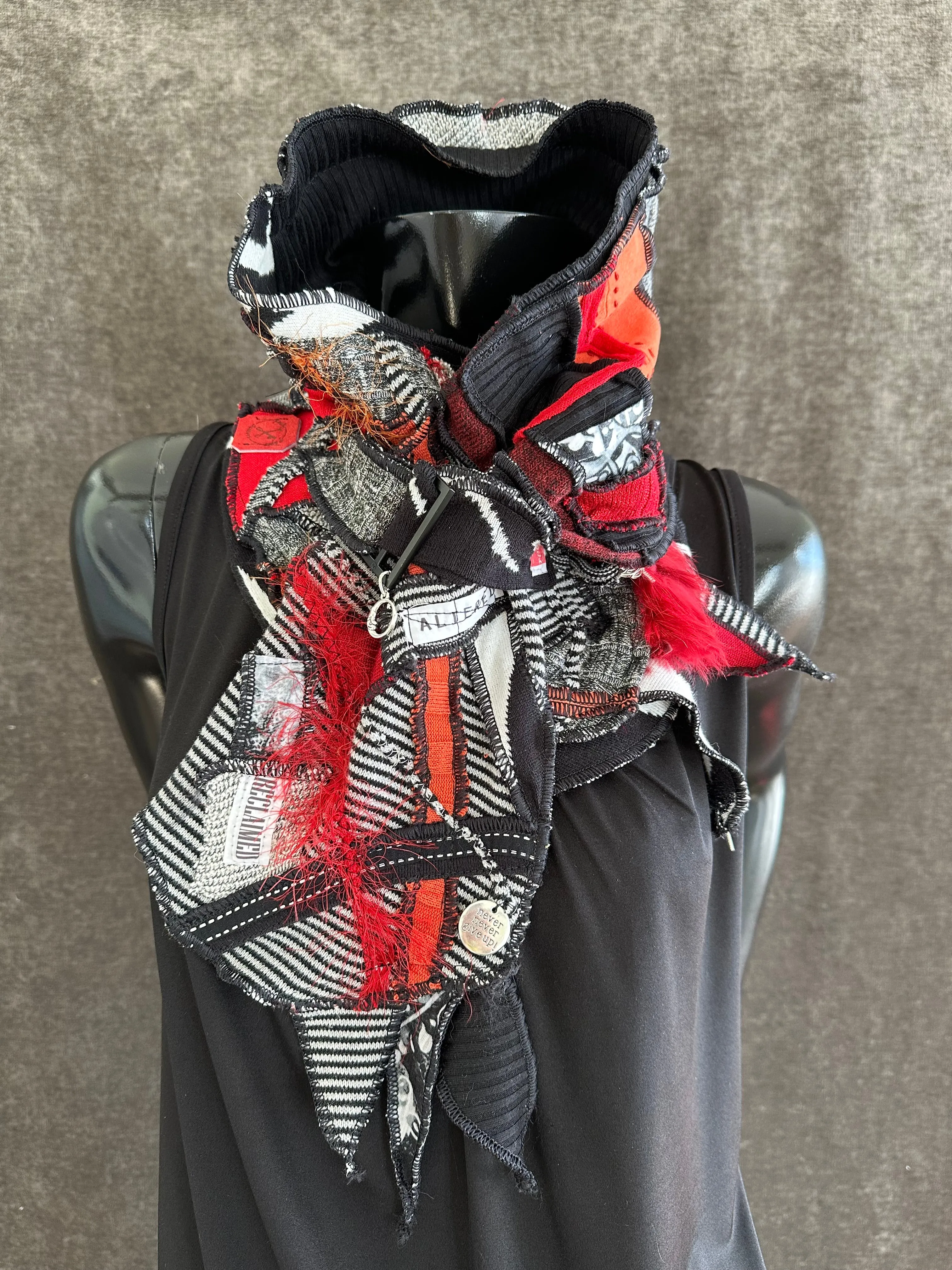 Boho couture fabric scarf, free form scarf, couture black red scarf