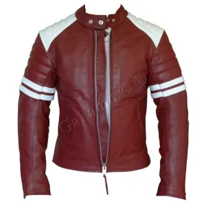 Brad Pitt Red and White Fight Club Cowhide Biker Leather Jacket