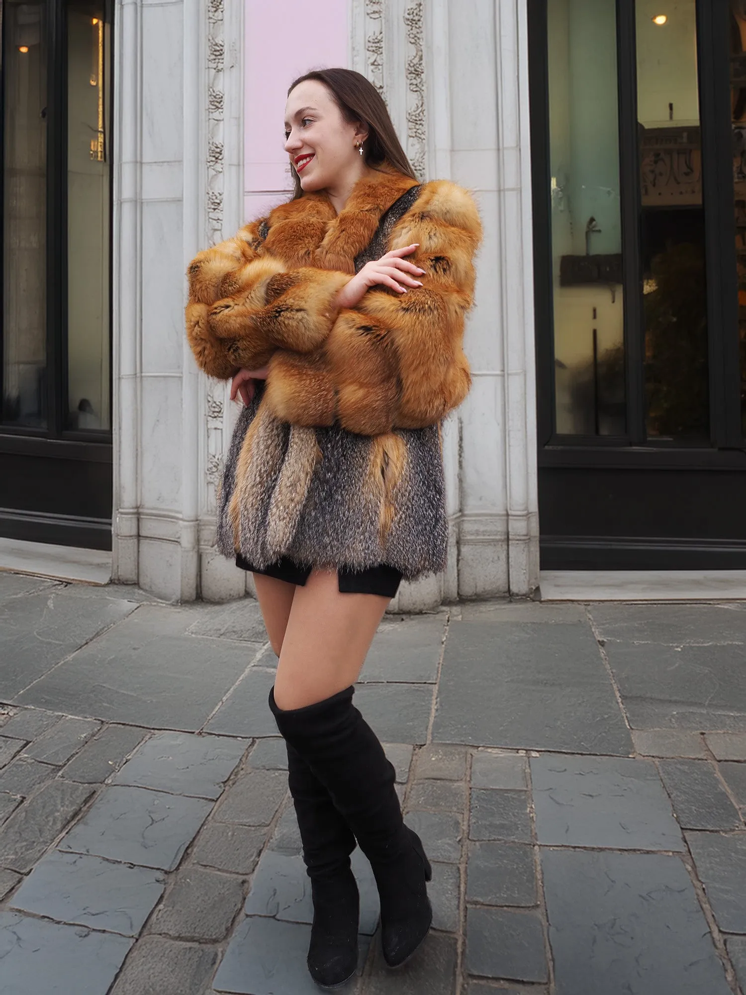 Brand New American Gray Fox With Cherry Red Fox Fur Coat Coats M